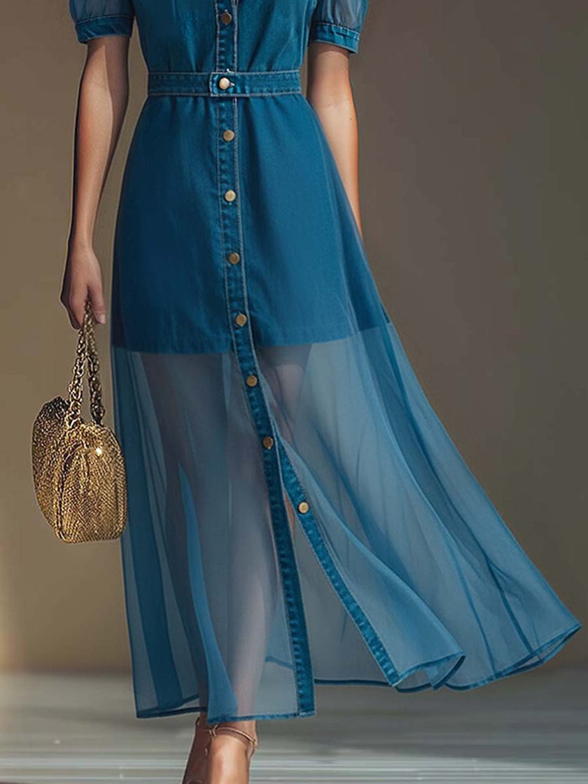Blue denim V-neck short-sleeved maxi dress by FJØRNA featuring sheer organza fabric and a flowing silhouette.