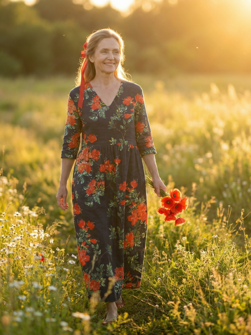 FJØRNA women's summer midi dress with floral pattern, long sleeves, wrap style, breathable fabric, suitable for warm weather.