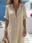 FJØRNA women's summer midi dress with short sleeves and striped wrap design, perfect for warm-weather casual wear.