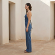 FJØRNA women's denim two-piece suit set with wide-leg pants and matching jacket, casual and stylish for everyday wear.