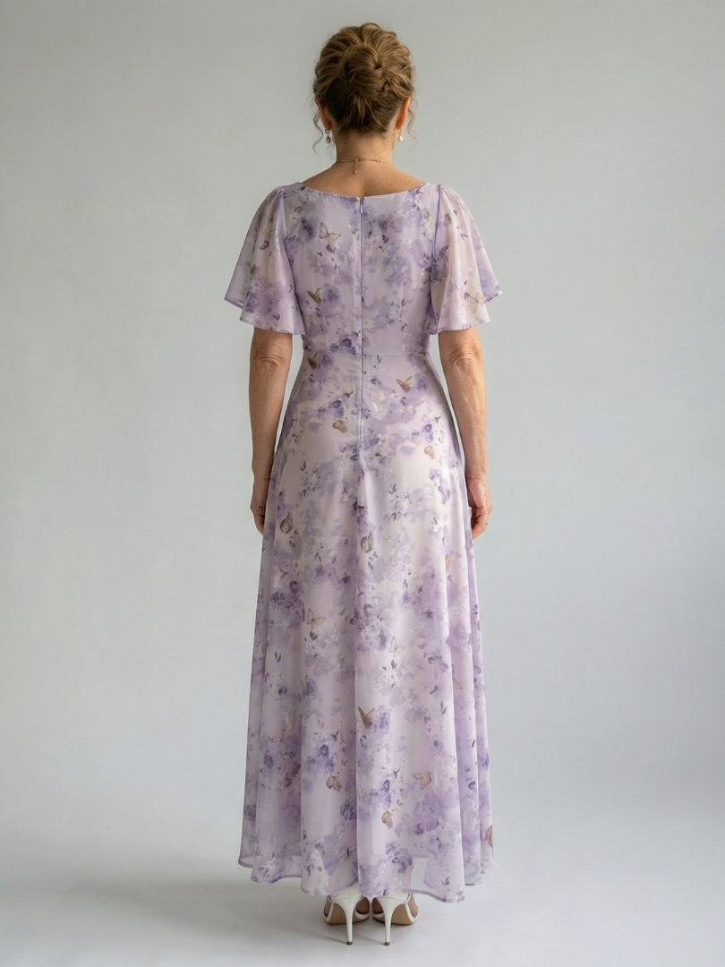 FJØRNA women's summer midi dress with floral print, square neckline, and flutter sleeves, perfect for warm-weather occasions.