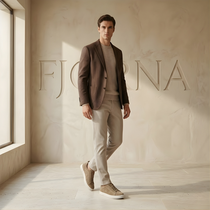 FJØRNA men's suede trainers showing stylish beige sneakers with white soles and laced design, perfect for casual wear.