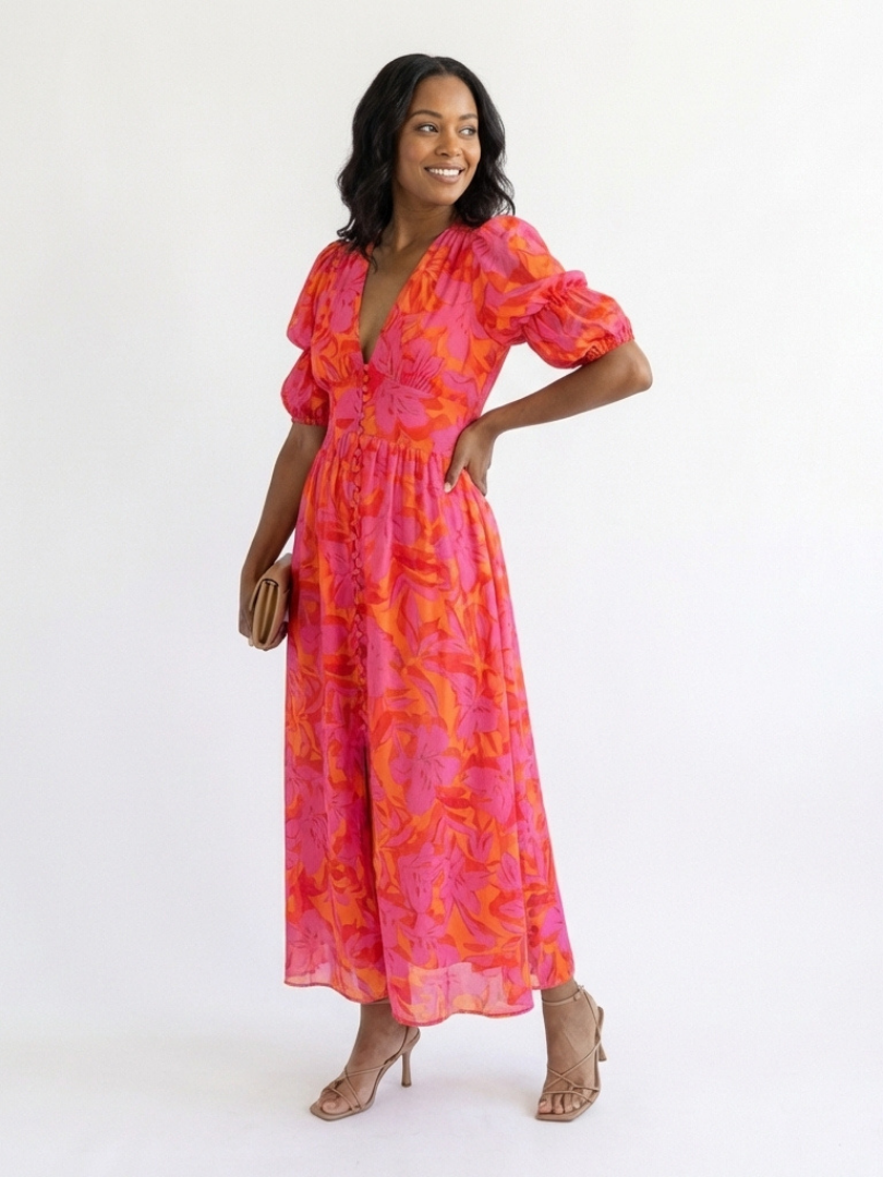 FJØRNA summer floral midi dress for women with puff sleeves, lightweight and stylish for warm weather.