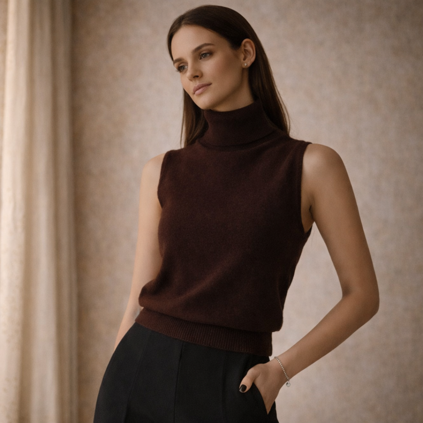 FJØRNA men's knit turtleneck top, cozy and stylish, shown in a close-up image highlighting the textured fabric and fit.