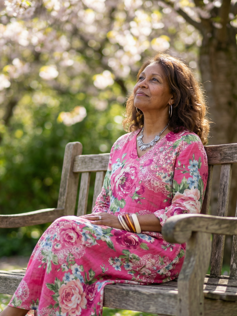 FJØRNA women's summer midi dress with floral pattern, long sleeves, and flowy design perfect for warm weather.