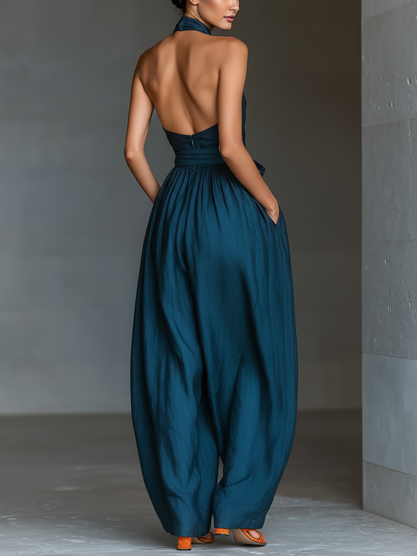 FJØRNA linen cross halter jumpsuit for women with wide-leg pants, tie waist, and side pockets, stylish and comfortable.