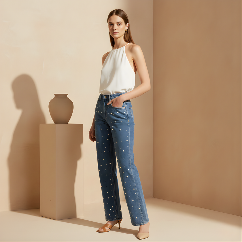 FJØRNA women's relaxed fit denim jeans with a baggy style, casual pants shown on a model with a light wash finish.