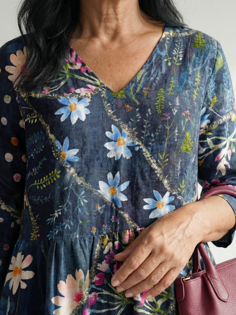 FJØRNA women's floral summer midi dress with long sleeves and wrap style, showcasing a flowy, patterned design.