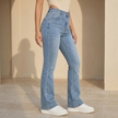 Women’s high waist bootcut jeans by FJØRNA, slim fit pants with a classic denim look and flattering silhouette.