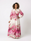 FJØRNA women's floral belted summer maxi dress with lightweight fabric and vibrant botanical print.