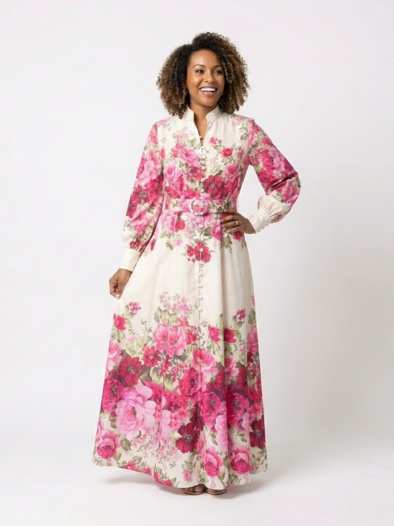 FJØRNA women's floral belted summer maxi dress with lightweight fabric and vibrant botanical print.
