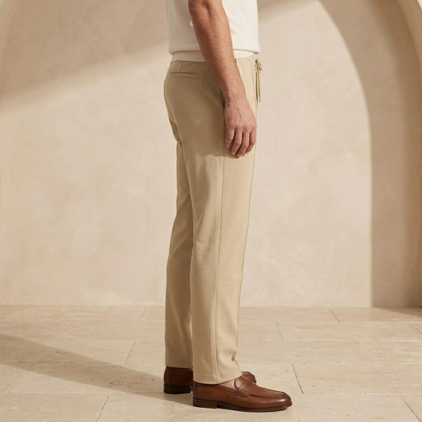 FJØRNA men's straight leg trousers with drawstring, relaxed fit, casual pants, black fabric, front pockets, and tapered design