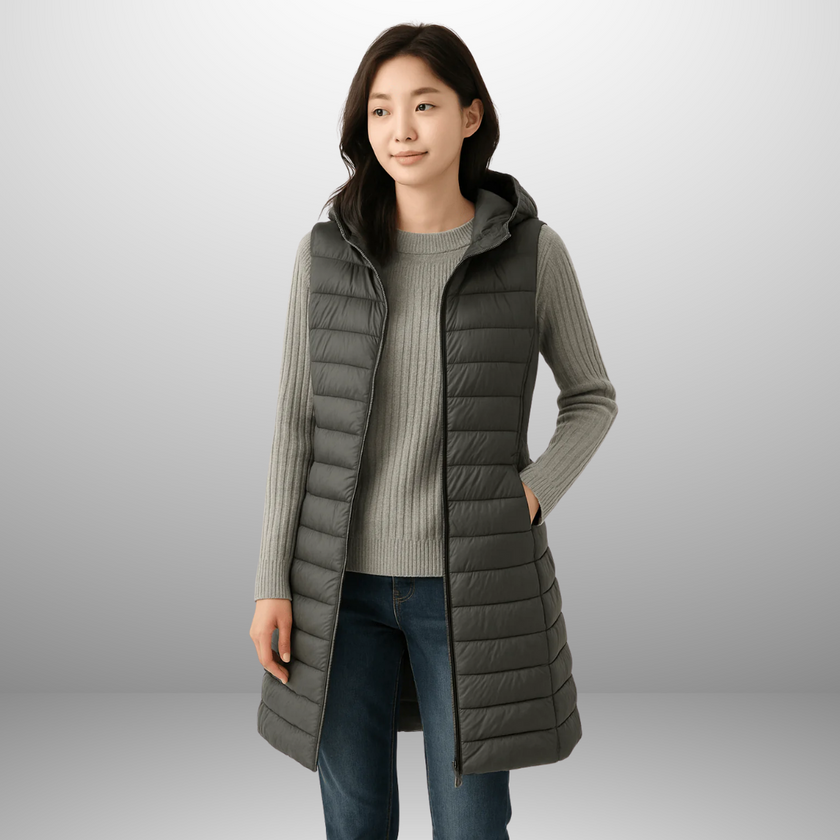 Amalie – Long Hooded Puffer Vest for Women in Modern Fit