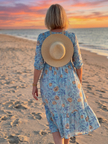 FJØRNA women's floral summer midi dress with short sleeves, wrap style, flowy fabric, perfect for warm weather.