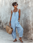 FJØRNA women's striped sleeveless jumpsuit with square neck, loose fit, and wide-leg pants, featuring a stylish pattern and relaxed style.