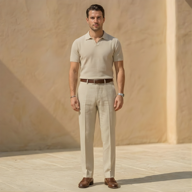 FJØRNA men's linen blend straight leg trousers with pleats, relaxed fit, and classic design, shown in a neutral color.