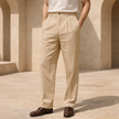 Men's linen straight-leg trousers by FJØRNA with a relaxed fit and striped pattern, shown in a front view.