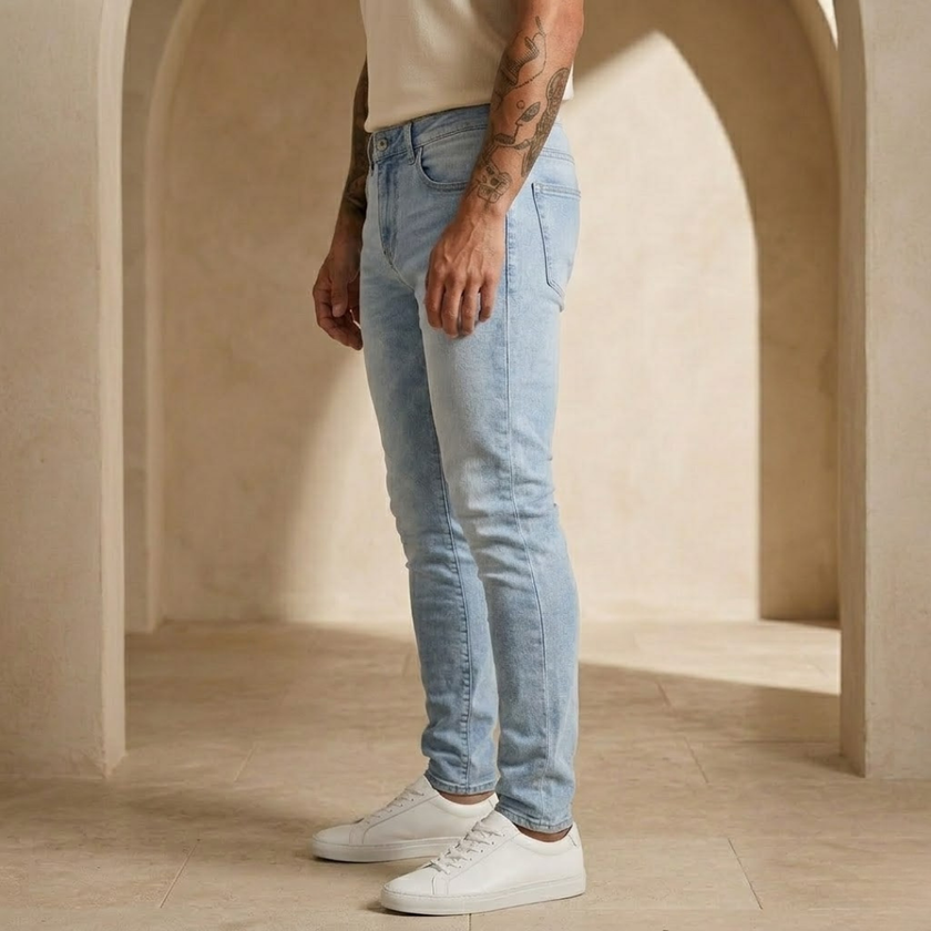 Men's tailored denim jeans by FJØRNA, showcasing classic fit and dark blue fabric with front and back pockets.