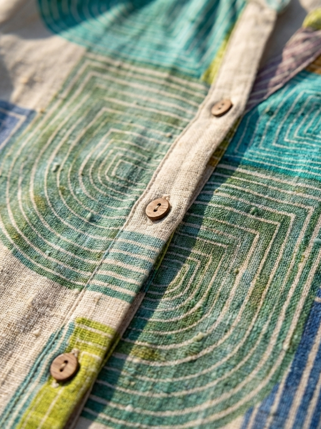 FJØRNA women's summer dress with geometric pattern and V-neck, lightweight and stylish for warm weather.