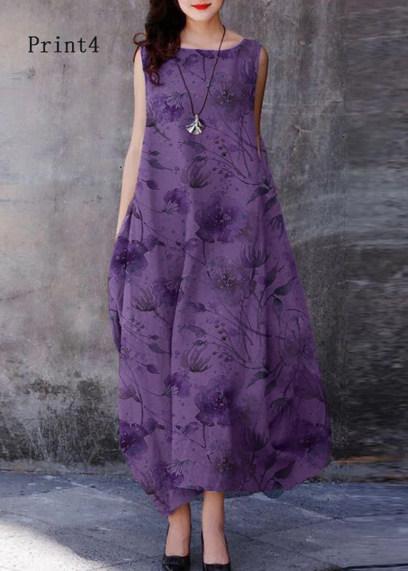 FJØRNA bohemian purple sleeveless cotton dress with extra large hem, O-neck style, perfect for casual or wedding occasions.