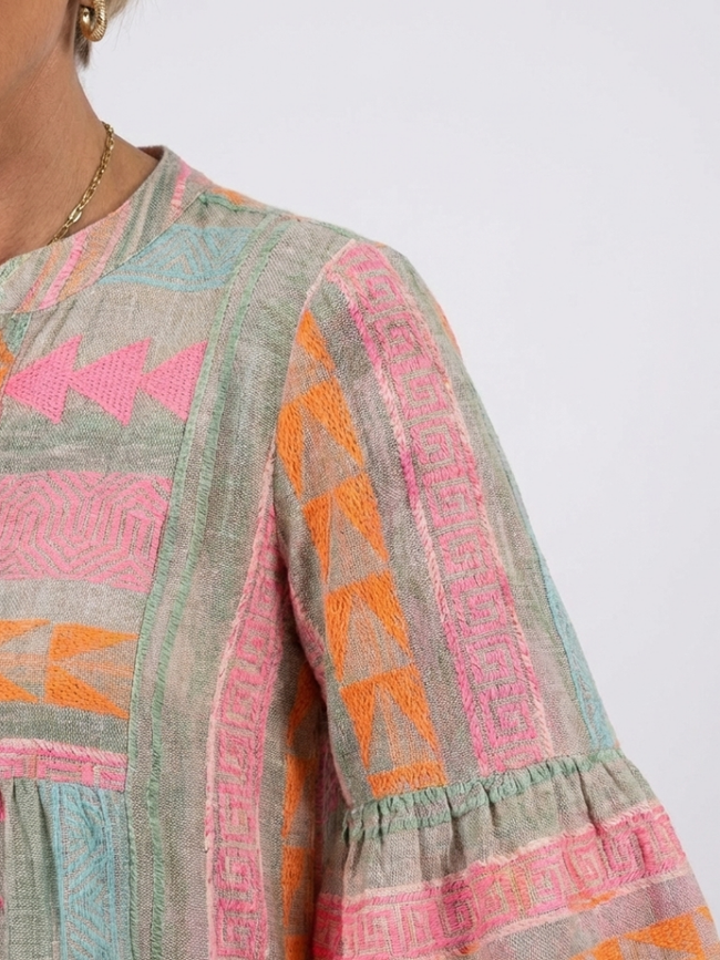 FJØRNA women's geometric tiered summer dress with sleeveless design and vibrant pattern, perfect for warm-weather wear.