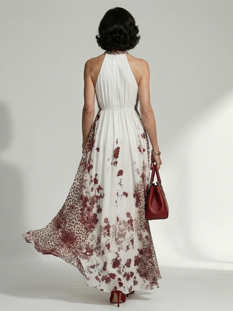 FJØRNA women's floral summer maxi dress with V-neck and long sleeves, lightweight and flowy for warm weather.