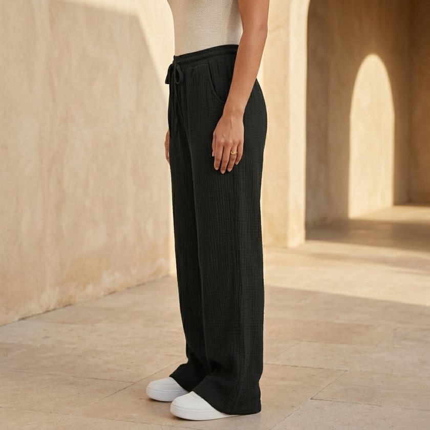 Women’s lightweight cotton wide-leg trousers by FJØRNA, casual and comfortable pants with flowing wide-leg design