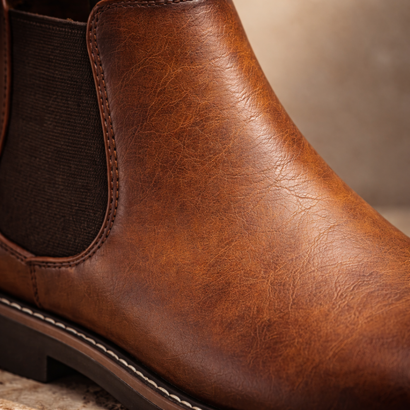 FJØRNA men's leather Chelsea boots with sleek design and elastic side panels, stylish footwear for versatile casual and formal wear.
