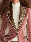 Pink velvet leopard print blazer with one button from FJØRNA, stylish jacket featuring a tailored fit and bold animal print design.