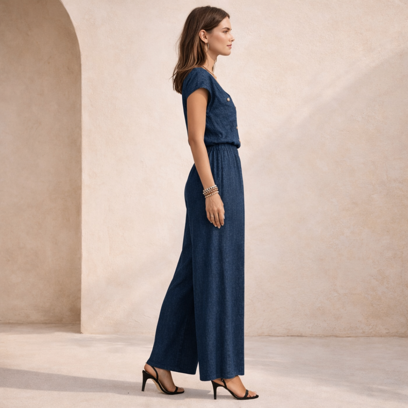FJØRNA women's wide-leg jumpsuit with V-neck and button front, stylish and comfortable for casual or dressy occasions.