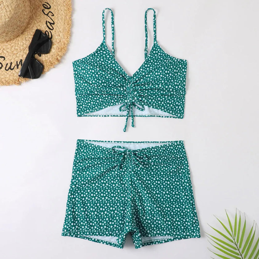 FJØRNA women's printed tankini set with flattering fit, featuring colorful swimwear design and comfortable bikini top and bottom.