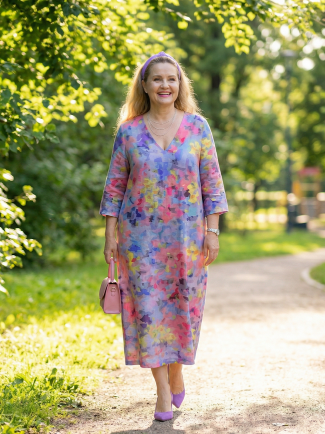 FJØRNA women's floral summer midi dress with long sleeves, flowy and relaxed fit, ideal for warm weather and casual occasions.