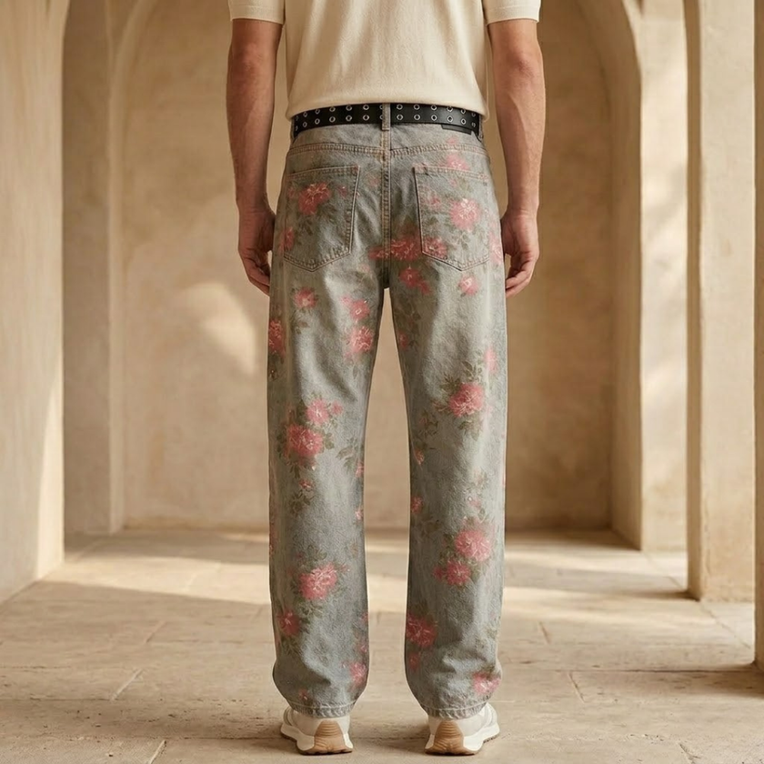 Relaxed fit men's denim jeans by FJØRNA, baggy style, showing the comfortable, casual design and classic blue denim fabric.