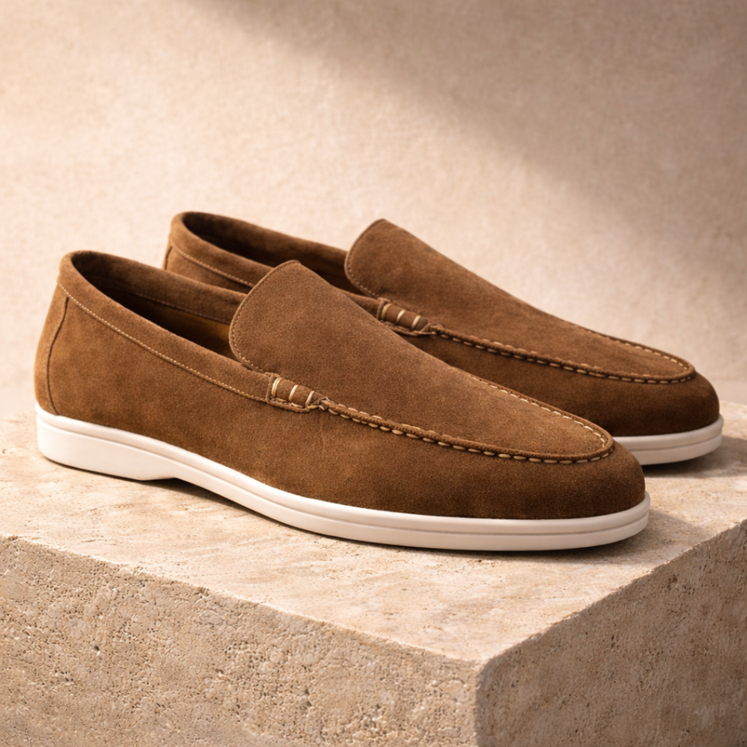 FJØRNA men's suede slip-on loafers, stylish and comfortable shoes with a sleek design, shown in natural suede material.
