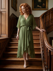 Flowy lightweight summer midi dress for women by FJØRNA, featuring a breezy, casual design perfect for warm weather.