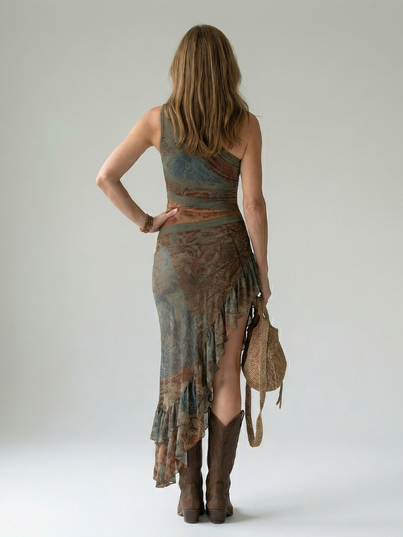 FJØRNA women's summer midi dress with asymmetric flowy design, lightweight fabric, and stylish silhouette for warm weather.