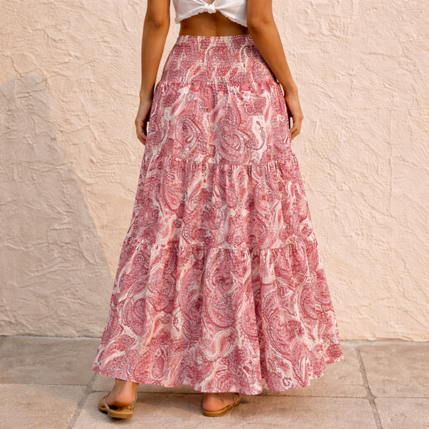 FJØRNA women's high waist maxi skirt with paisley print, flowing fabric and stylish design, perfect for casual or dressy wear.