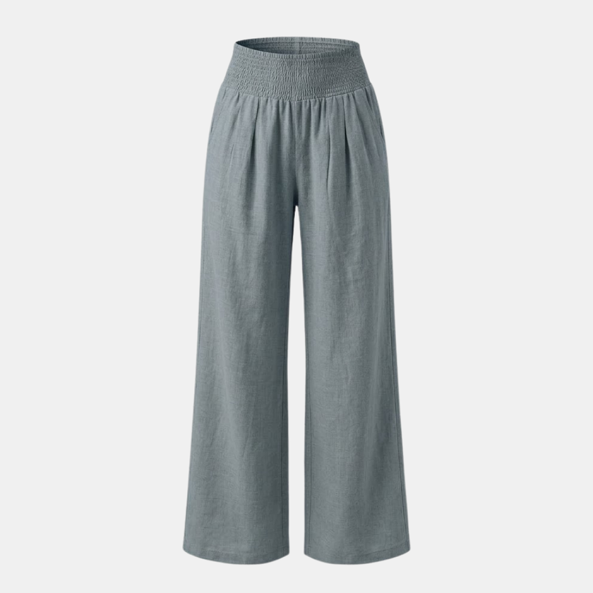Women’s linen blend wide-leg trousers by FJØRNA with elastic waist and relaxed fit, casual and comfortable pants for everyday wear.