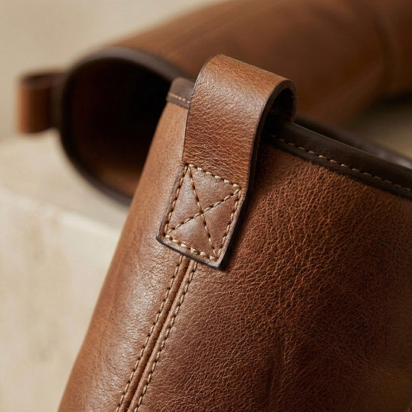 FJØRNA women's leather boots showing a stylish ankle-high design with buckle accents and smooth brown leather finish.