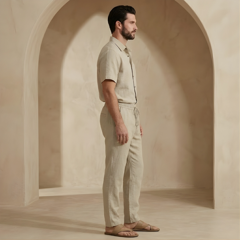 Women’s linen co-ord set by FJØRNA with a matching shirt and trousers, perfect for summer, in light, breathable fabric.