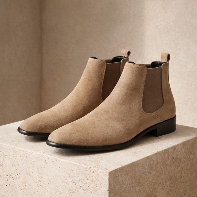 FJØRNA men's slip-on Chelsea boots in black leather, stylish shoes with elastic side panels and sleek design.