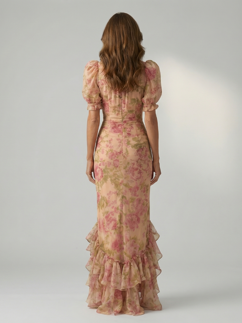 FJØRNA summer maxi dress for women featuring a high neck and short sleeves, flowing lightweight fabric in a vibrant design.