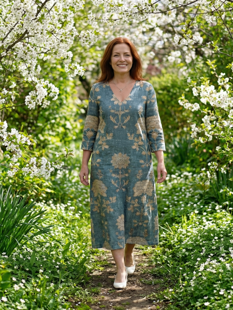 FJØRNA women's floral summer midi dress with long sleeves, wrap style, lightweight fabric, perfect for warm weather.