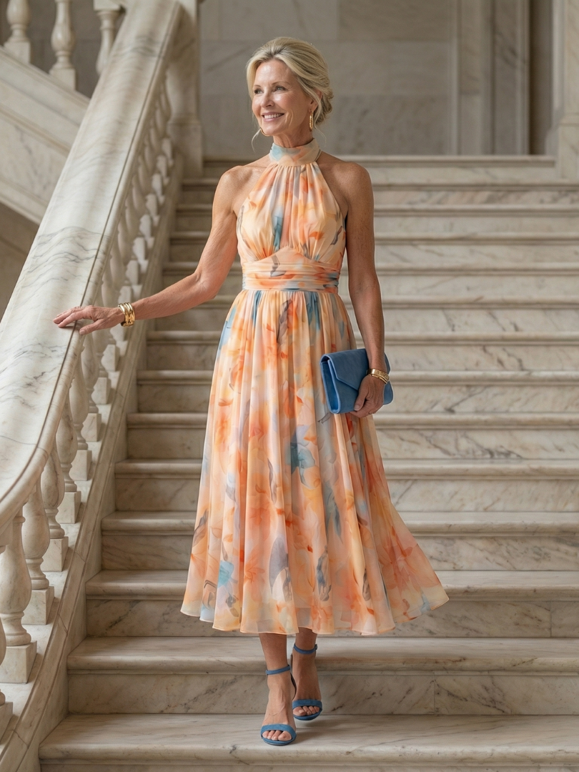FJØRNA women's summer midi dress with halter neck, sleeveless, flowy lightweight fabric, perfect for warm weather.