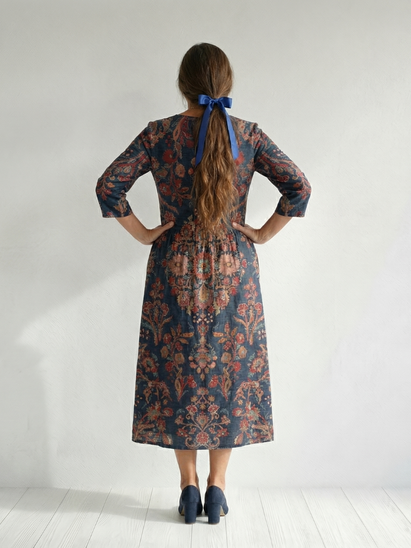 FJØRNA women's summer midi dress with long sleeves, wrap style, flowy fabric, perfect for warm weather wear.