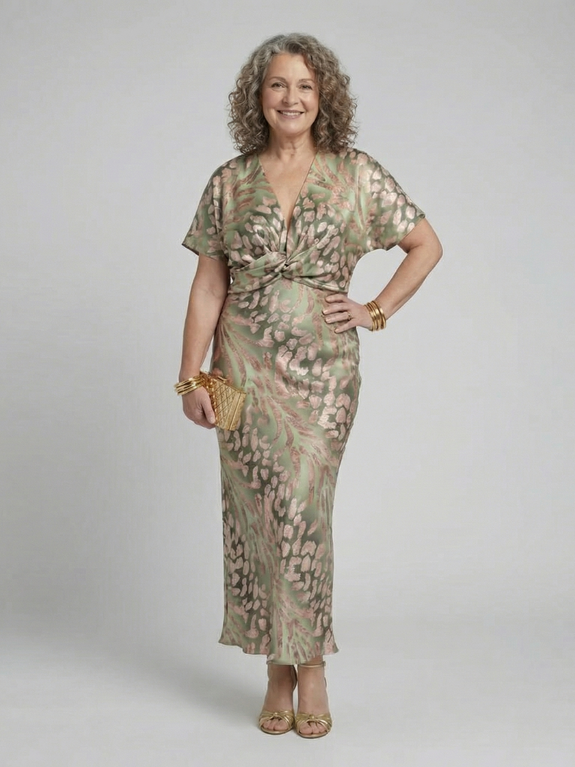 FJØRNA women's summer midi dress with a colorful print and short sleeves, perfect for warm-weather casual wear.