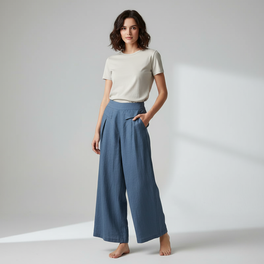 Liam - Stones Plain Color Cotton Linen High Waist Wide Leg Pants With Pockets