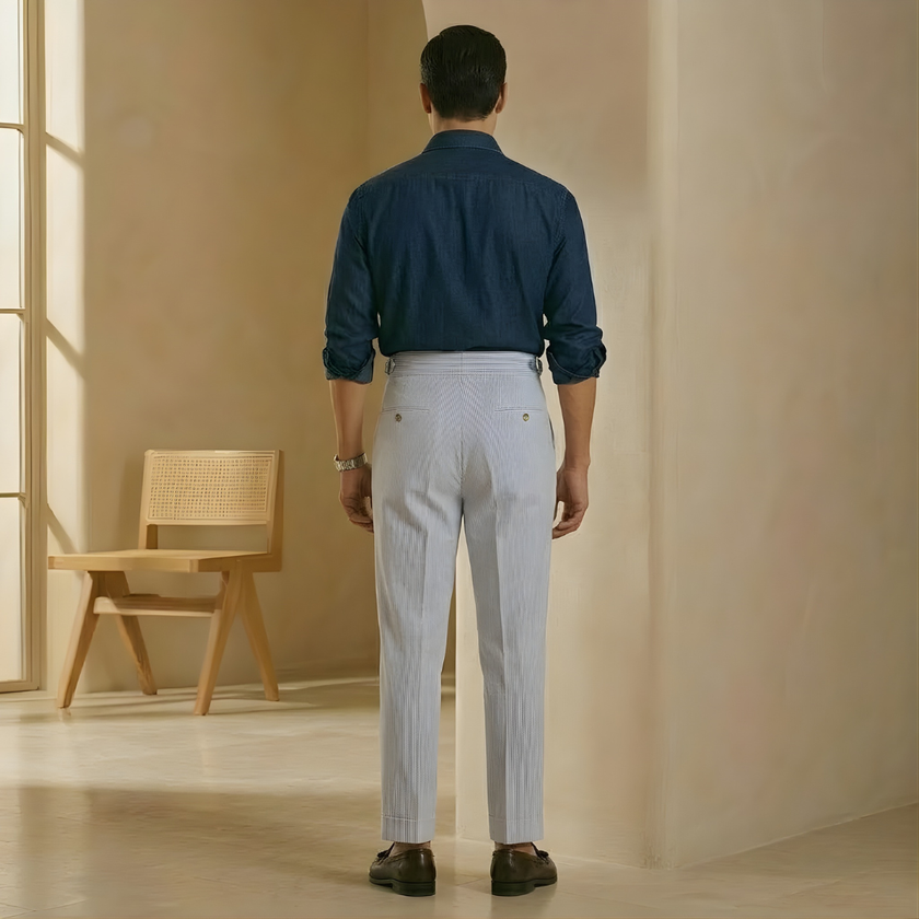 FJØRNA men's high waist straight leg tailored trousers, black pants with a sleek fit and classic design, suitable for formal wear.