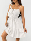 FJØRNA white sleeveless tiered sundress with drawstring detail, lightweight summer dress with flowy layers and casual style.