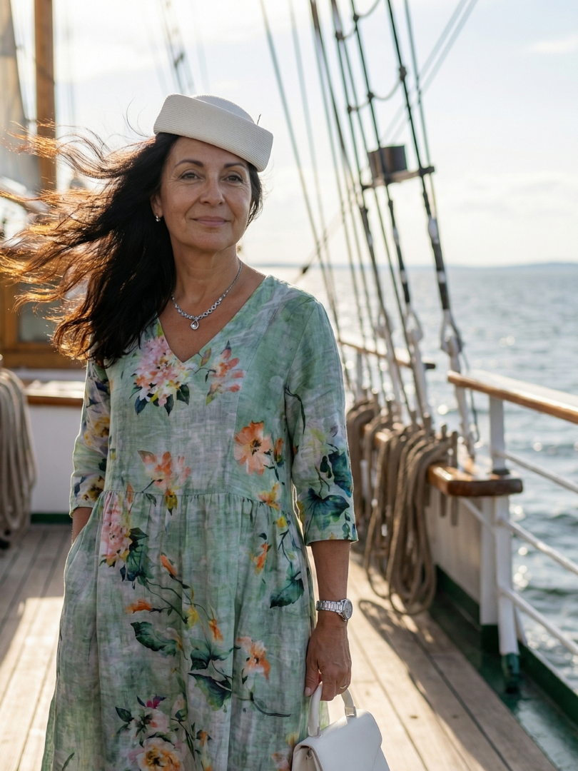 FJØRNA women's summer midi dress with floral print, long sleeves, flowy lightweight fabric, perfect for warm weather.